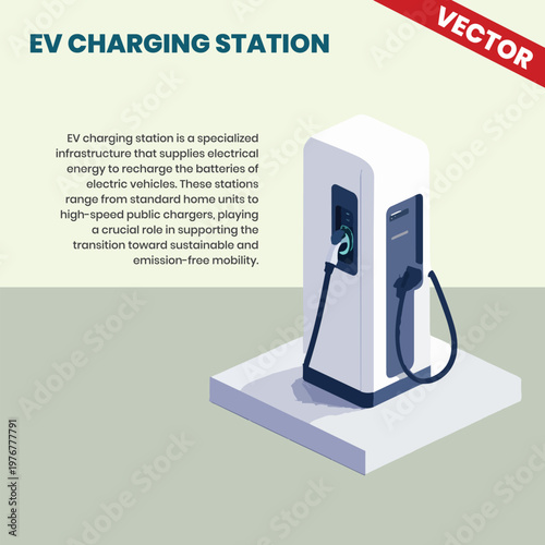 Schilderij op canvas EV Charging Station Equipment Isometric Vector Graphic, Electric Vehicle Power C