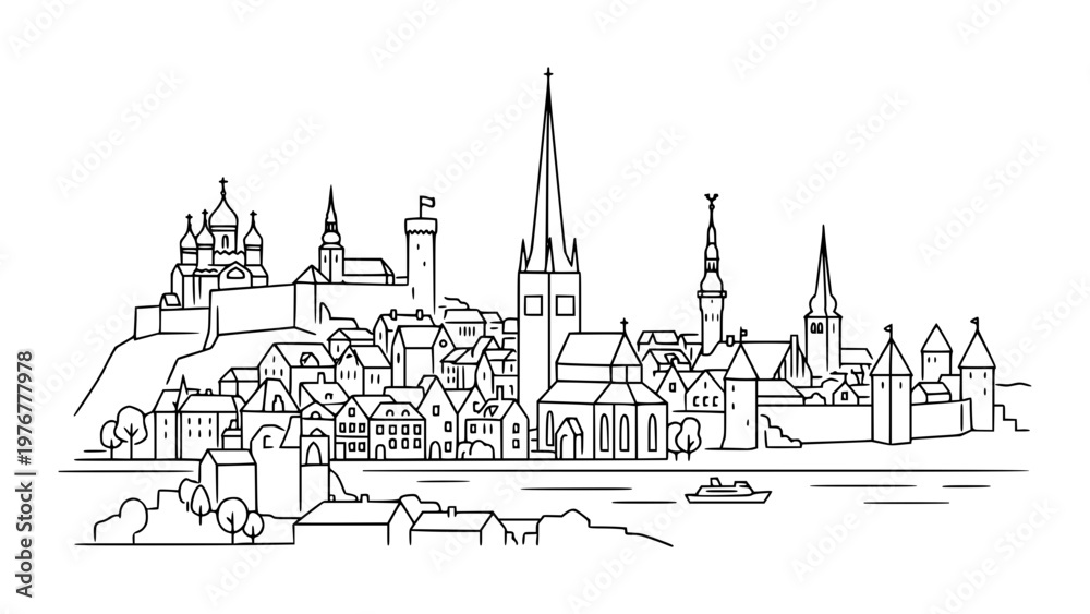 Fototapeta premium Tallinn Old Town Line Art Estonia Medieval City Illustration