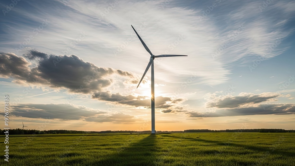 Obraz premium A wind turbine stands tall in a green field at sunset