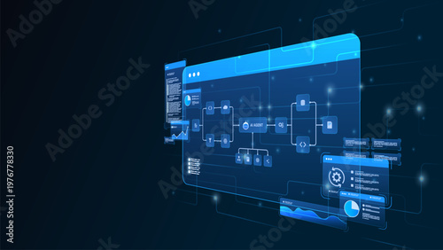 AI workflow automation artificial intelligence. ai agent network diagram dashboard machine learning architecture data pipelines, coding panels, analytics panels and automation system.
