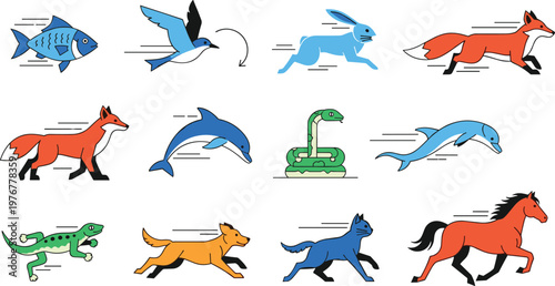 Running and Flying Animal Vector Set with Fox Horse Rabbit Bird Fish Dolphin Snake Isolated on White Background
