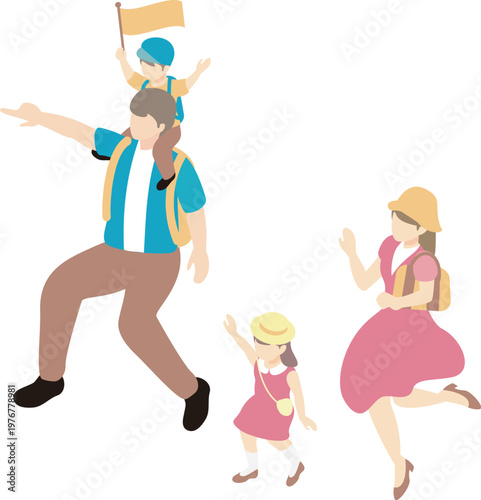Isometric Illustration of a Family of Four Enjoying a Trip and Outing Vector