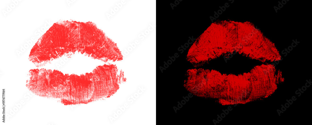 Fototapeta premium Red lipstick kiss mark isolated on transparent and solid black background.