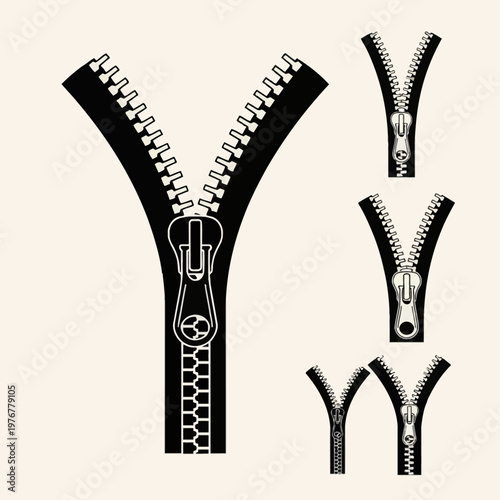 Set of black and white zipper vector illustrations showing various open and closed positions with detailed sliders, metal pull tabs, and interlocking teeth isolated on a background.