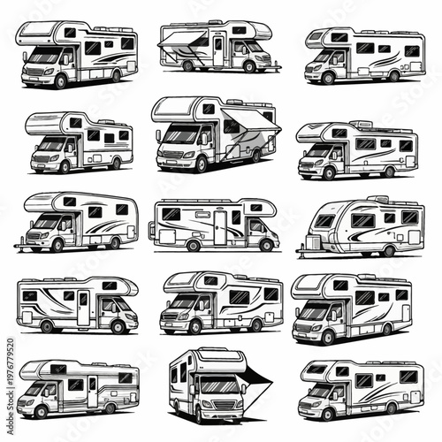 Set of fifteen black and white vector illustrations depicting diverse recreational vehicles, Class C motorhomes with cab-over beds, and a towed travel trailer on a white background.