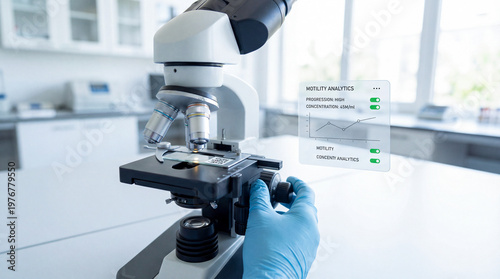 Close up of a microscope in a laboratory with a gloved hand adjusting focus while a digital interface displays motility and concentration analytics.
