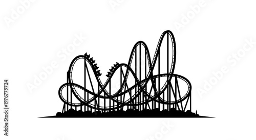 Black silhouette of a thrilling roller coaster with passengers ascending