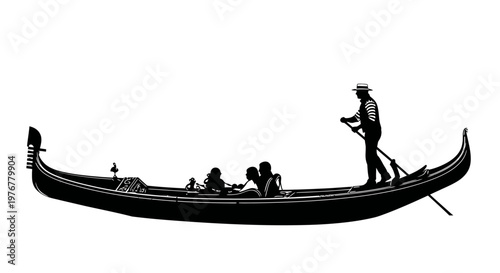 A silhouetted gondola with passengers navigates venetian waters