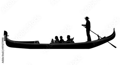 A silhouette of a gondola with passengers on the water