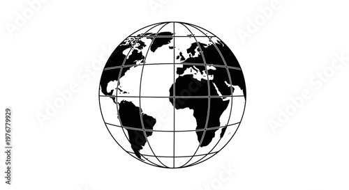 A simple black and white illustration of the earth showing continents and lines