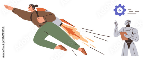 Futuristic innovation, advancements in technology, human-machine collaboration, artificial intelligence, productivity, career growth. Man flying with jetpack and robot with clipboard. Futuristic