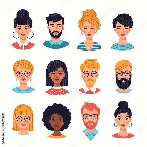 Collection of twelve diverse human head and shoulders avatar icons in a flat vector style featuring men and women with various hairstyles, facial hair, glasses, and skin tones.