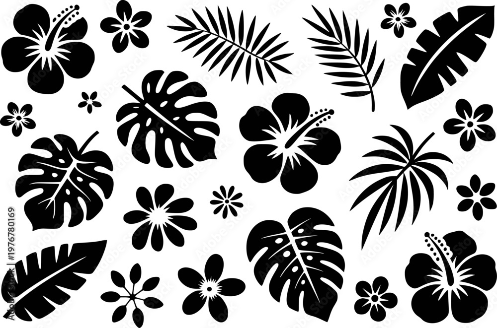 Fototapeta premium Black Tropical Flowers and Leaves Silhouettes White Background Pattern floral