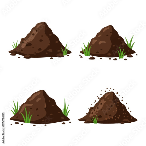 Set of four illustrations featuring piles of dark brown fertile topsoil with small patches of green grass at the base, isolated on a white background for gardening and agriculture.