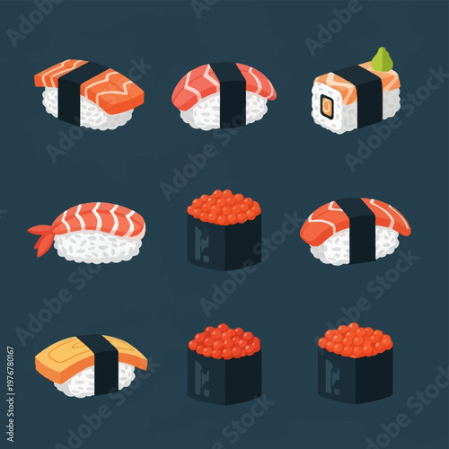 Collection of nine flat vector sushi illustrations including salmon nigiri, tuna nigiri, shrimp ebi, tamago egg, and ikura salmon roe gunkan, isolated on a dark background.