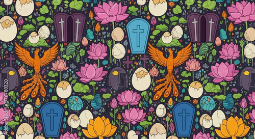 Phoenix rebirth pattern with eggs, lotus flowers, and coffins, symbolizing life cycle and resurrection