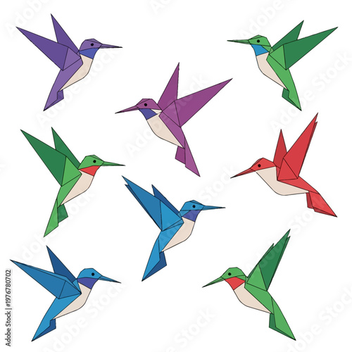 Vector illustration set of eight colorful origami hummingbirds in mid-flight with geometric paper folding designs in green, blue, purple, and red isolated on white background.