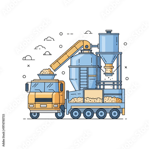 Mobile livestock feed processing truck with industrial silos, hoppers, and conveyor system for grain production, flat line art vector illustration isolated on a white background.