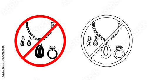 Prohibited jewelry a necklace earrings ring and pendant are shown with a no symbol