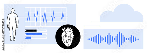 Health monitoring. Includes ECG graphs, heart data, cloud storage, and sound wave analysis. Health monitoring enables data sharing, remote patient care, and tracking of vital signs. For telemedicine