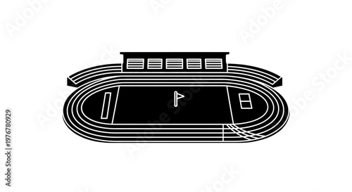 Minimalist black and white illustration of an athletic running track stadium