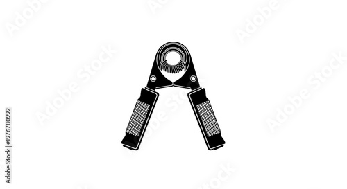 Black and white image of a hand grip strength trainer on a white background