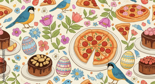 Seamless pattern featuring whole pepperoni pizza, chocolate dessert cakes, decorated Easter eggs, blue and yellow birds, and colorful spring flowers on a light beige background.