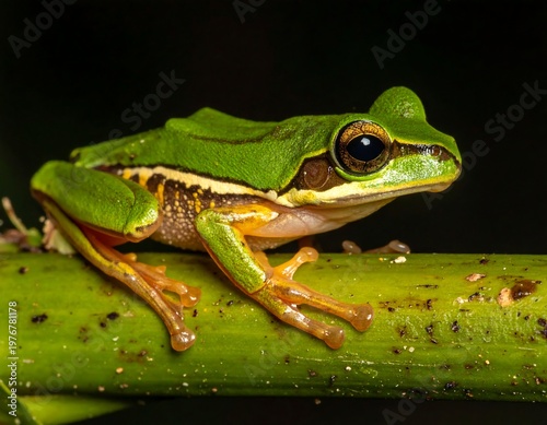 A green frog sitting on a green stem against a dark background