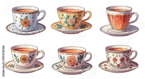 Set of six vintage ceramic teacups and saucers featuring floral patterns like roses and daisies, filled with hot tea, hand-drawn watercolor illustration isolated on a white background.