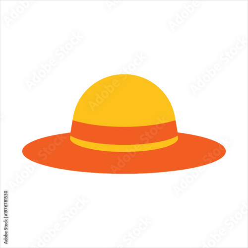 Illustration of a vibrant straw hat with a yellow crown and a wide orange brim and band