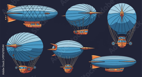 Set of six stylized vector illustrations of airships and blimps, featuring blue gas bags with orange passenger gondolas and fins, displayed from various angles on a dark background.