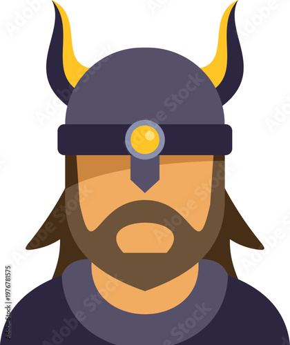 Viking warrior wearing a horned helmet and beard, flat vector icon or avatar