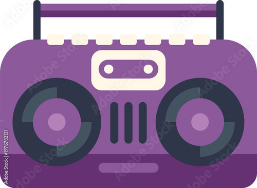 Purple vintage boombox with speakers and cassette player on white background