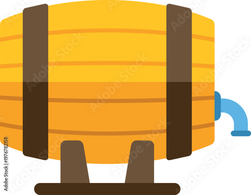 Wooden barrel holding beer, wine, or other liquid, with a tap for dispensing