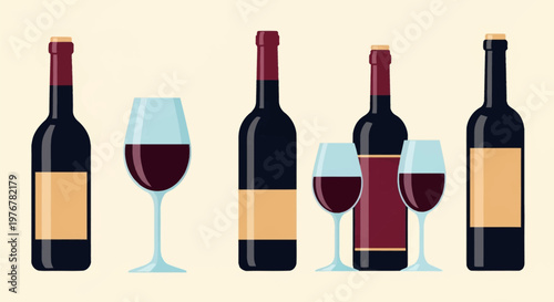 Vector illustration of four dark red wine bottles with blank beige labels and three glasses filled with red wine, isolated on a solid light beige background in a flat design style.
