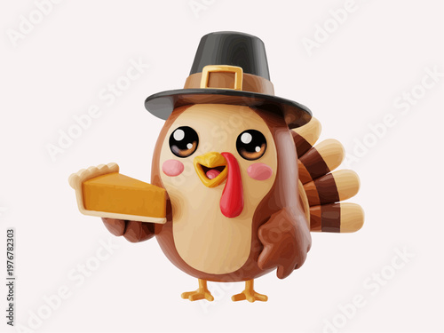 Cute Kawaii 3D Turkey Character Mascot Holding Pumpkin Pie Vector