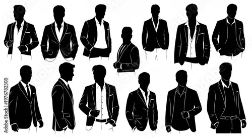 Row Of Male Suit Silhouettes In Various Poses.
