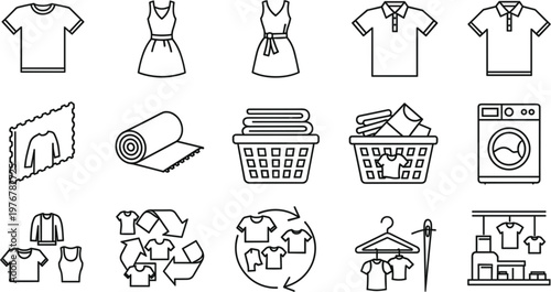 Clothing and laundry care line icon set with washing machine dress and t-shirt vector illustration