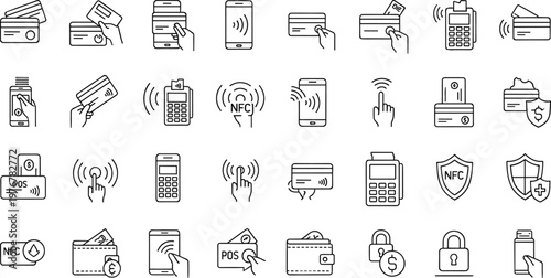 Digital payment and finance line icon set with NFC contactless payment credit card and mobile wallet vector illustration