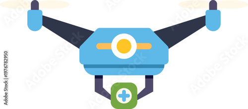 Drone quadcopter delivering a package with a medical cross symbol for health care