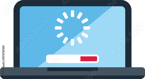 Laptop showing a buffering spinner and progress bar on a blue screen