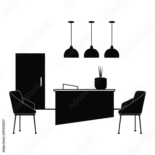 Lobby Interior with Reception Desk and Chair Silhouette