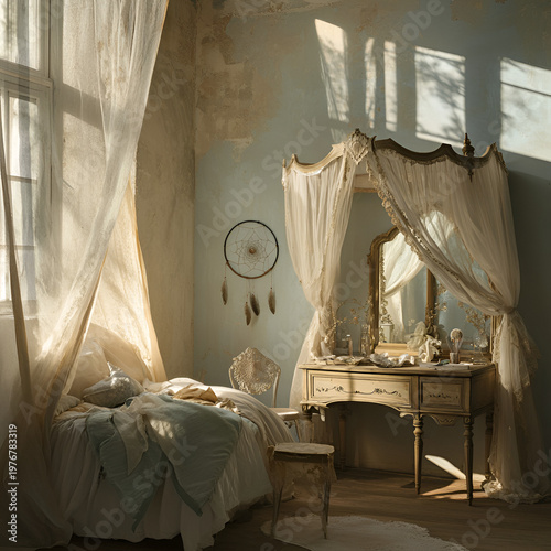 Serene morning routine cozy bedroom lifestyle photography warm light interior view peaceful atmosphere