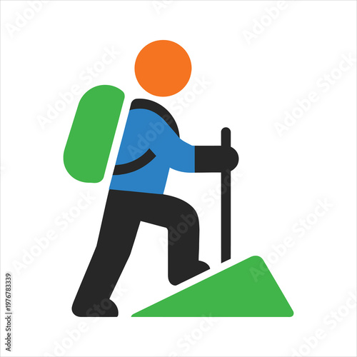 Flat vector illustration of a hiker with a backpack and walking stick climbing a green hill