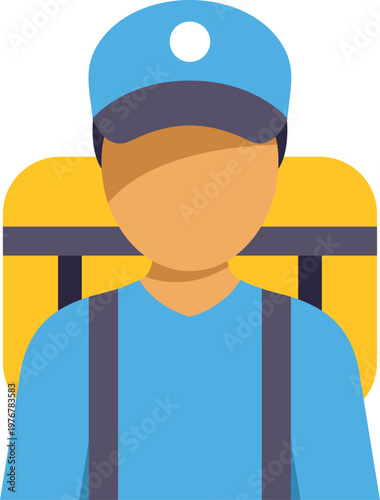 Delivery person wearing a cap, carrying a yellow insulated backpack