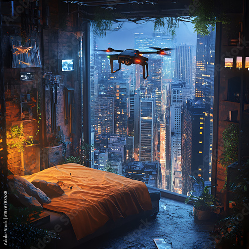Drone surveillance in urban cityscape futuristic setting high-resolution image aerial view technology concept