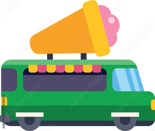 Green ice cream truck with a large cone on top offering street food treats