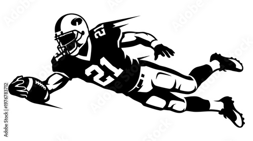 Dynamic black and white graphic illustration of an American football player diving forward with the ball, scoring a touchdown.