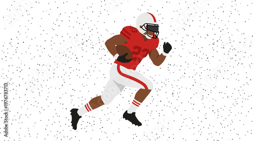 Illustration of an American football player in a red and white uniform, number 37, running with the ball against a speckled white background.