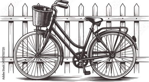 Vintage Bicycle with Wicker Basket Parked Against Wooden Picket Fence Line bike retro